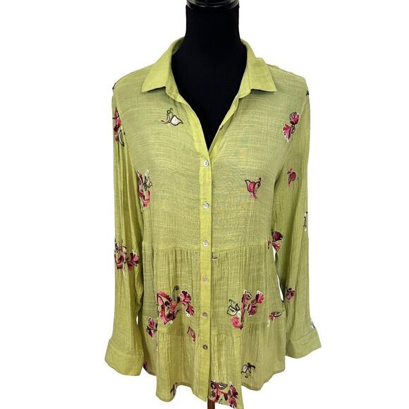 Womens Fig & Flower Lime Green Blouse Large Sheer Button Up Embroidered Boho - Picture 1 of 10